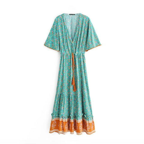 Boho Floral  Waist Tie Chic  Maxi Dress