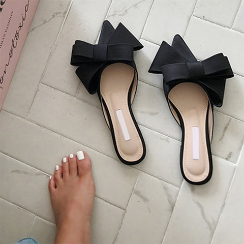 silk satin Pointed bow tie slippers flat heel slippers shoes