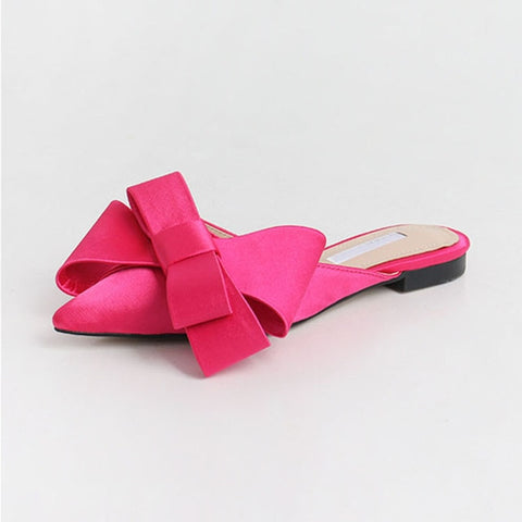 silk satin Pointed bow tie slippers flat heel slippers shoes