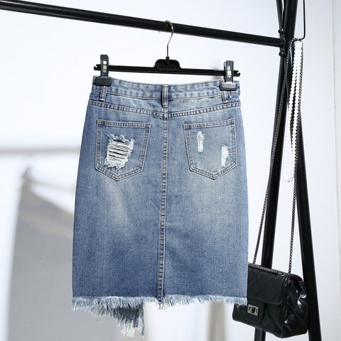 Light Blue Hole Ripped Button Tassel Jeans Skirt