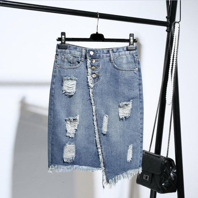 Light Blue Hole Ripped Button Tassel Jeans Skirt