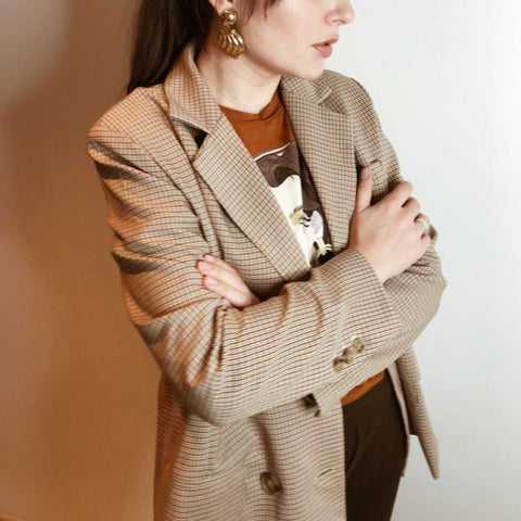 Classic Plaid Double Breasted  Notched Collar  Blazer