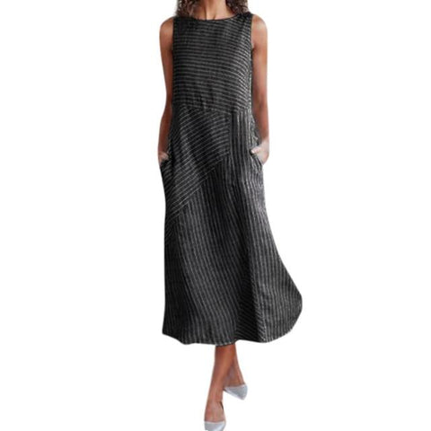 Casual Striped Sleeveless Dress Crew Neck Linen Pocket Long Dress