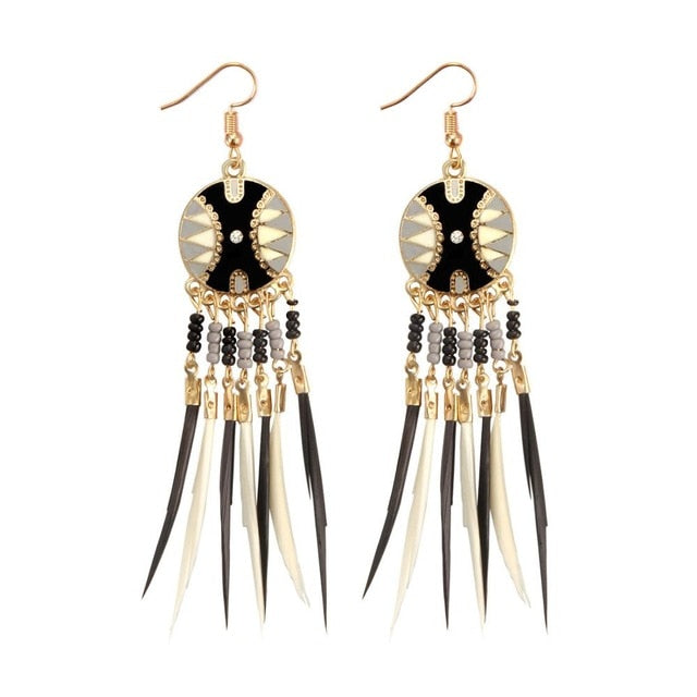 Long Tassel Feather Style Ethnic Boho Big Dangle Statement Earring