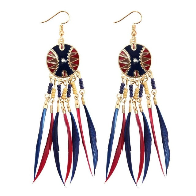 Long Tassel Feather Style Ethnic Boho Big Dangle Statement Earring