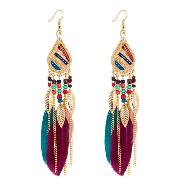 Long Tassel Feather Style Ethnic Boho Big Dangle Statement Earring