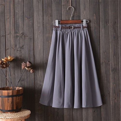 Midi Knee Length Pleated A-line School Skirt With Belt