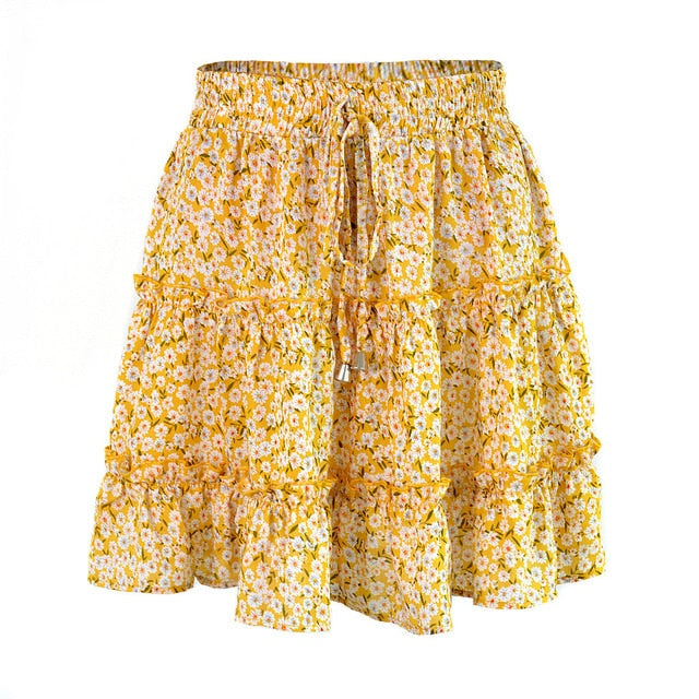 Fashion Boho Ruffled Floral Print Beach Short Skirt