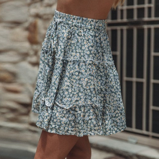 Fashion Boho Ruffled Floral Print Beach Short Skirt