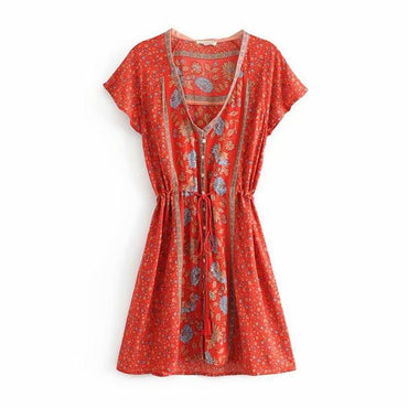Hippie Floral Print Lace up Waist Butterfly Sleeve Mini Dress