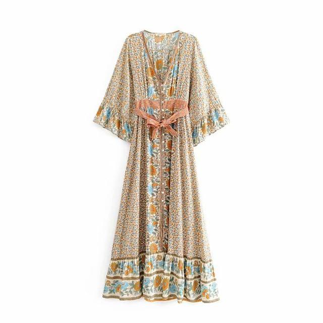 Hippie Floral Print Flare Sleeve Maxi Dress