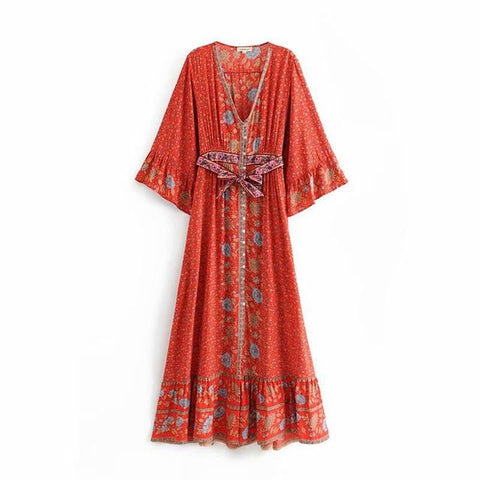 Hippie Floral Print Flare Sleeve Maxi Dress