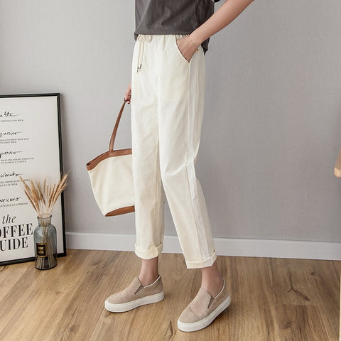 Casual Cotton Linen Ankle Length Striped Pant