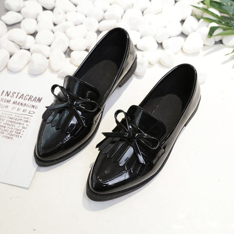 Casual Tassel Bow Pointed Toe Black Oxford Shoes