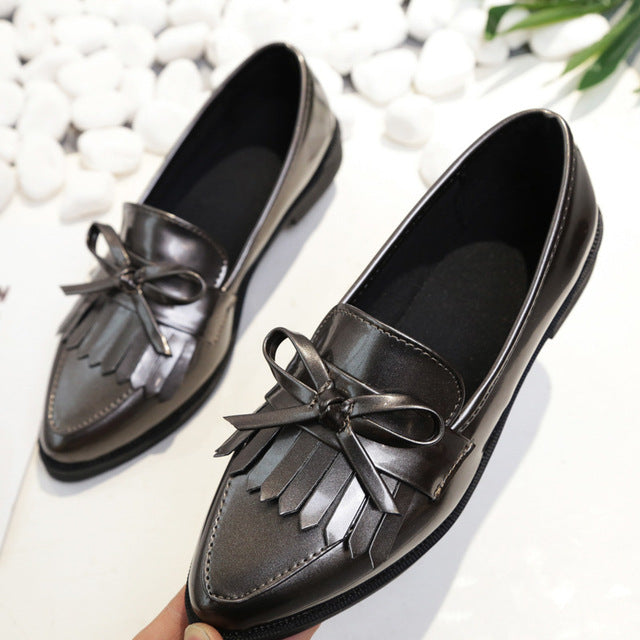 Casual Tassel Bow Pointed Toe Black Oxford Shoes