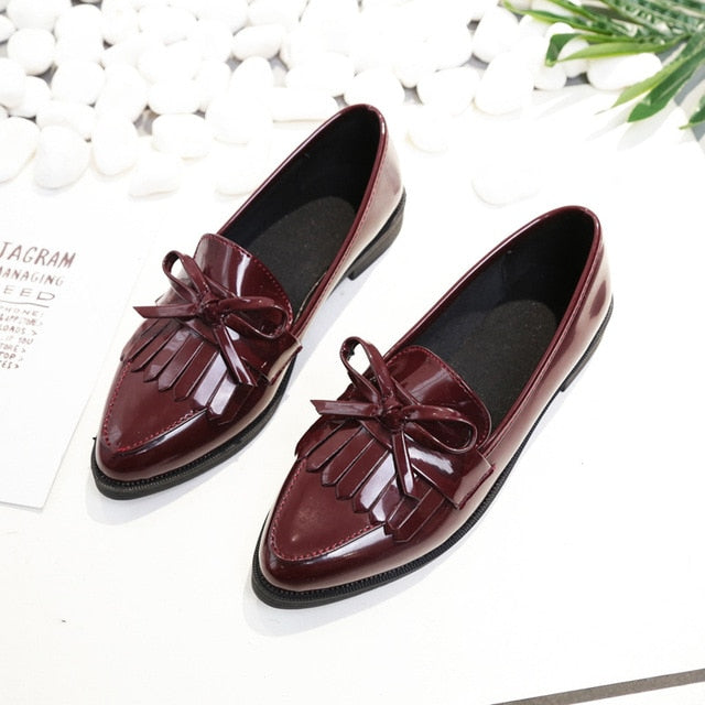 Casual Tassel Bow Pointed Toe Black Oxford Shoes