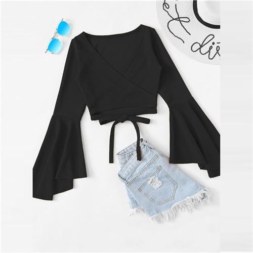 Deep V Neck Long Ruffle Sleeve Crop Blouses