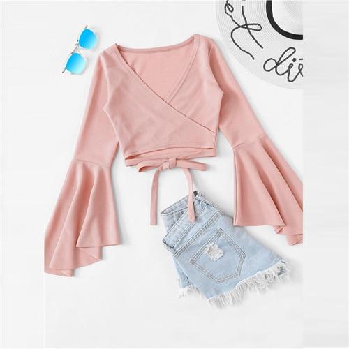 Deep V Neck Long Ruffle Sleeve Crop Blouses