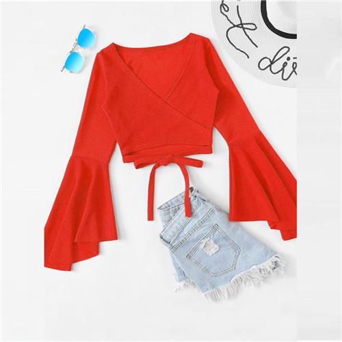 Deep V Neck Long Ruffle Sleeve Crop Blouses