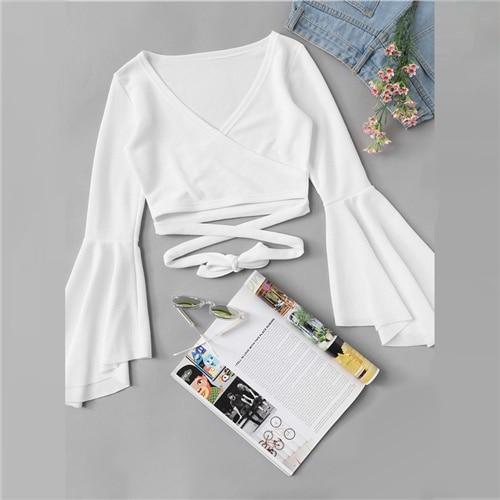 Deep V Neck Long Ruffle Sleeve Crop Blouses