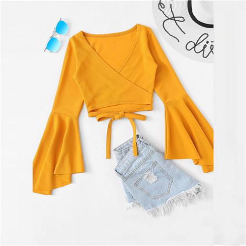 Deep V Neck Long Ruffle Sleeve Crop Blouses