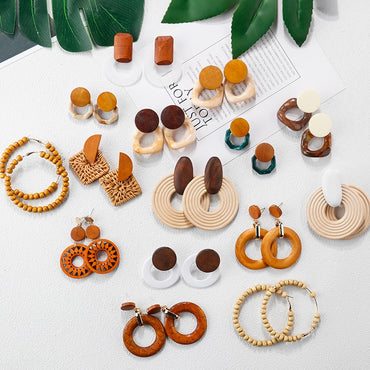 Handmade Wooden Straw Weave Rattan Vine Braid Drop Earrings