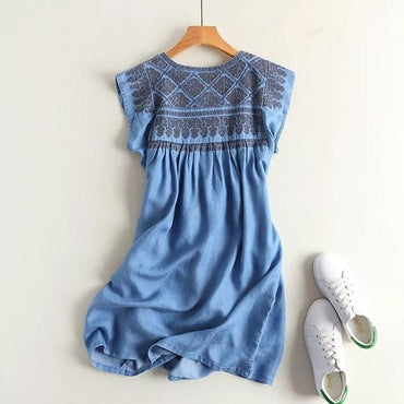 Boho Embroidery denim waist pleated dress