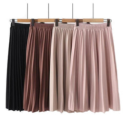 High Waist Solid Color Pleated Causal Midi Skirt