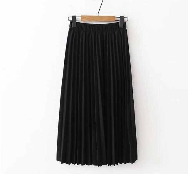 High Waist Solid Color Pleated Causal Midi Skirt