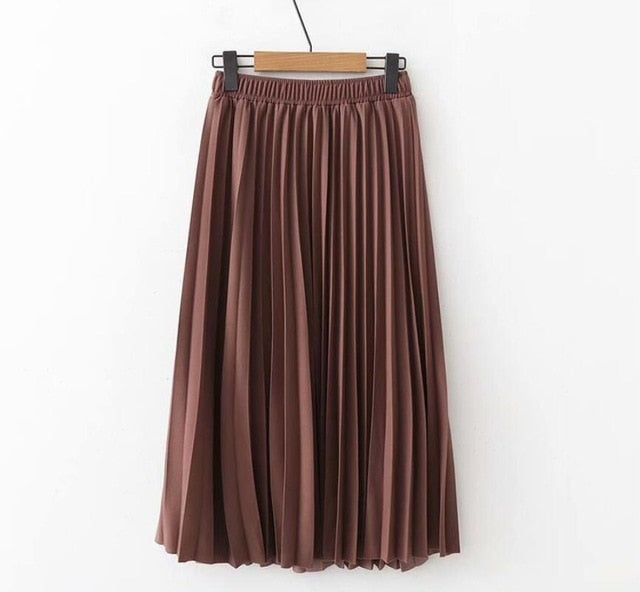 High Waist Solid Color Pleated Causal Midi Skirt