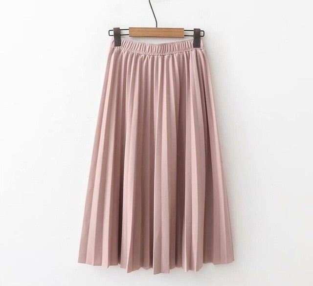 High Waist Solid Color Pleated Causal Midi Skirt