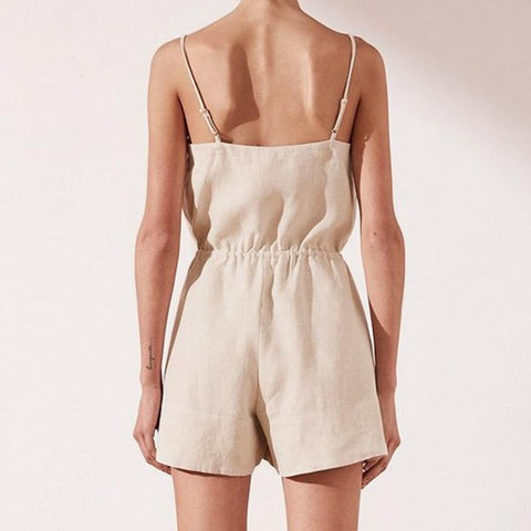 Pockets lace up button short Vintage jumpsuit