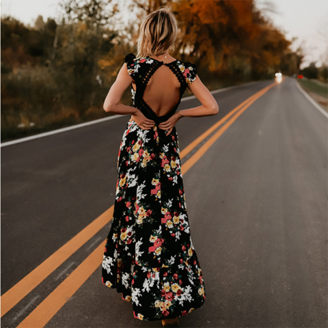 Bohemian Sleeveless Backless Floor-length Fit Flare V Neck Flower Long Dress