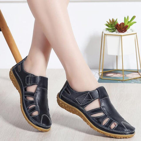Women Gladiator  Genuine Leather Hollow Flat Sandals