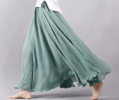 Boho Vintage Linen Cotton Pleated Long Skirt