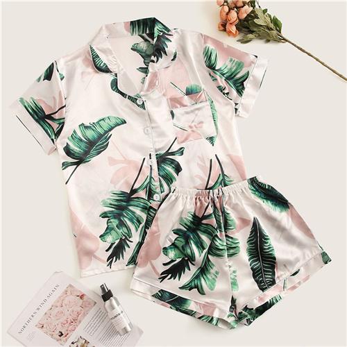 Casual Tropical Print Satin Pajama Set