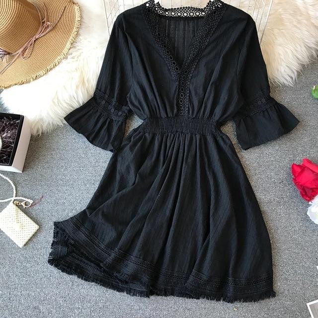 Ruffle Hollow Out Tassel Tunic V Neck  Boho Dress