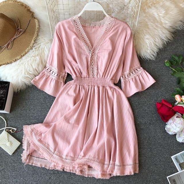 Ruffle Hollow Out Tassel Tunic V Neck  Boho Dress