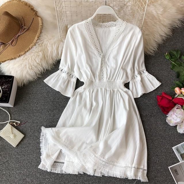 Ruffle Hollow Out Tassel Tunic V Neck  Boho Dress