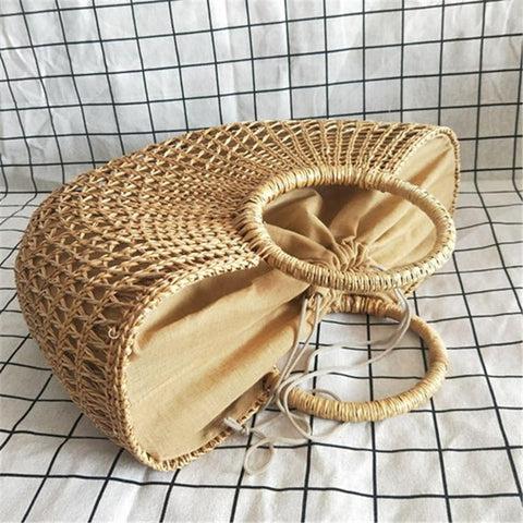 Hand-Woven Hollow Handbag Moon Shape Rattan Bag