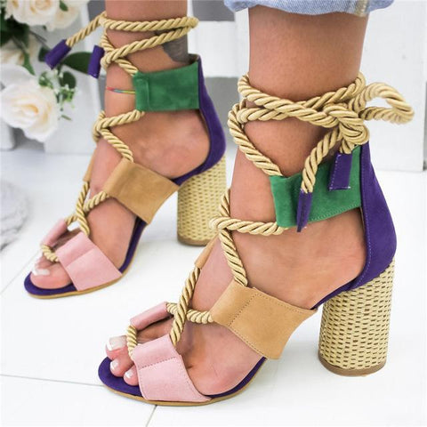 New Boho Sandals Women High Heel Peep Toe Lace Up Sandals