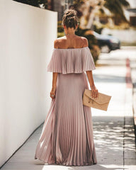 Off Shoulder Chiffon Ruffle Pleated Pink Elegant  Dress