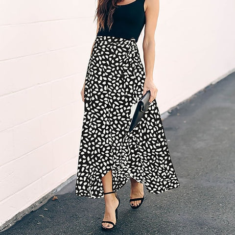 Polka Dot Print Long Maxi Split High Waist A-line Sun Skirt
