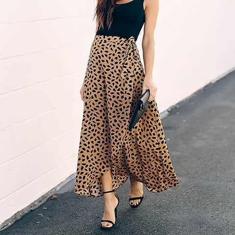 Polka Dot Print Long Maxi Split High Waist A-line Sun Skirt