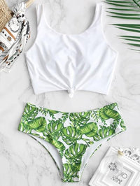 Tankini Tropical Leaf Knotted Bikini Set