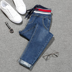 Stretch denim elastic patch cuff pencil jeans