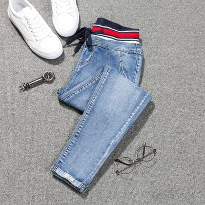 Stretch denim elastic patch cuff pencil jeans