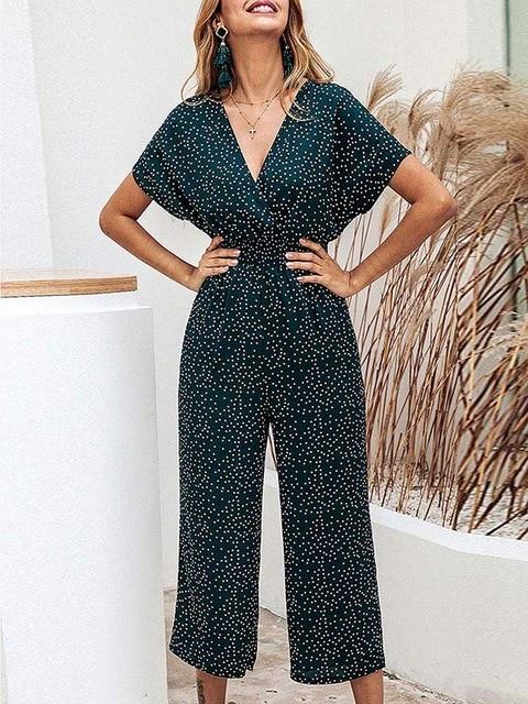 Summer High Waist Polka Dot Overalls Sleeve Rompers Jumpsuit