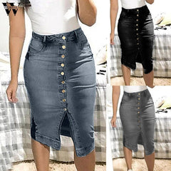 Short Denim Buttons Pockets Split Bandage Jeans Skirt
