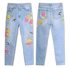 Fashion Floral Embroidery Denim High Waist Straight Vintage Ripped Slim Jean